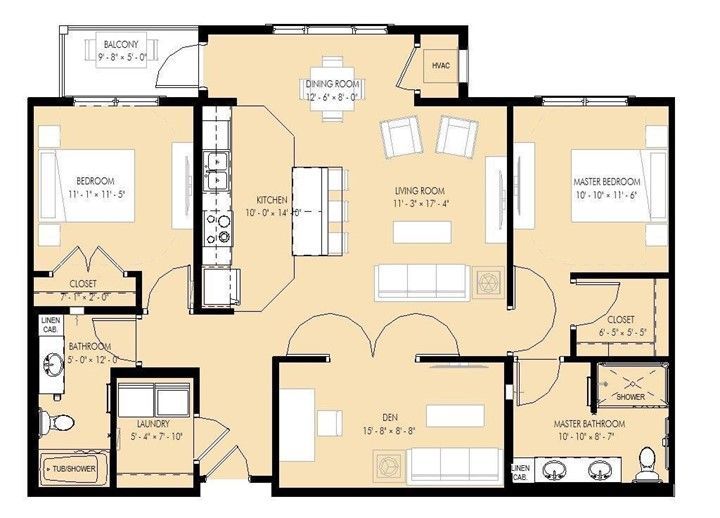 A floor plan of a house with three bedrooms and a balcony.