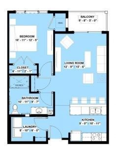 A floor plan of a house with a bedroom , bathroom , living room , and balcony.