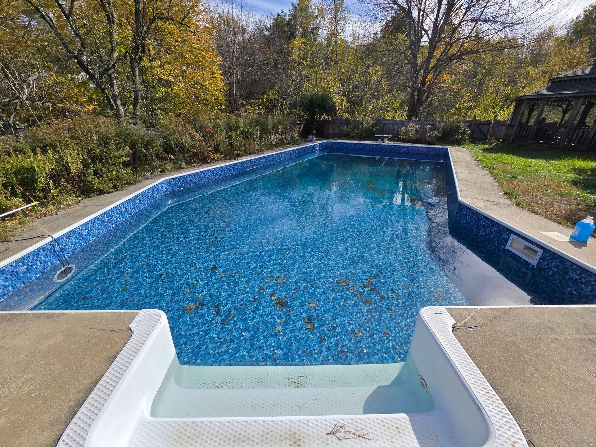 A large swimming pool with stairs leading to it in a backyard.