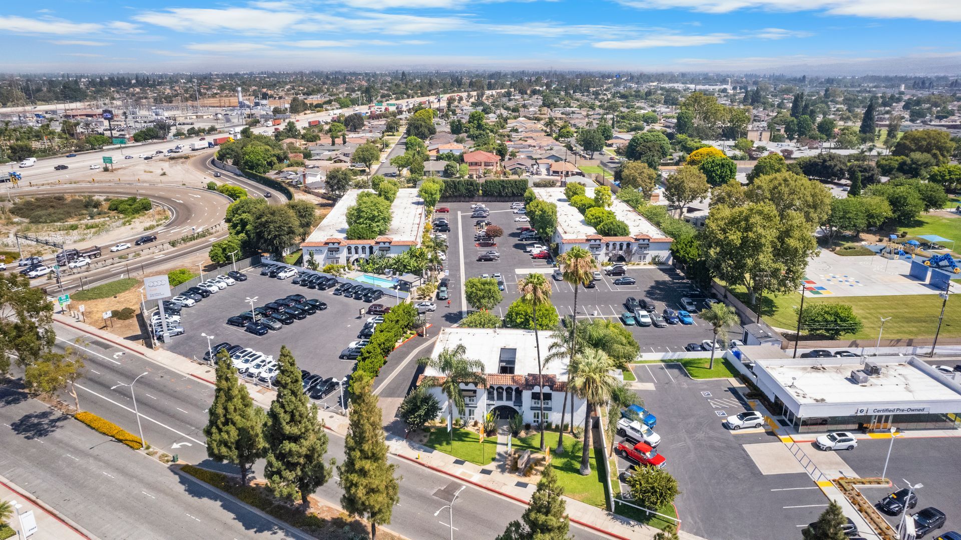 overhead view of apartment community