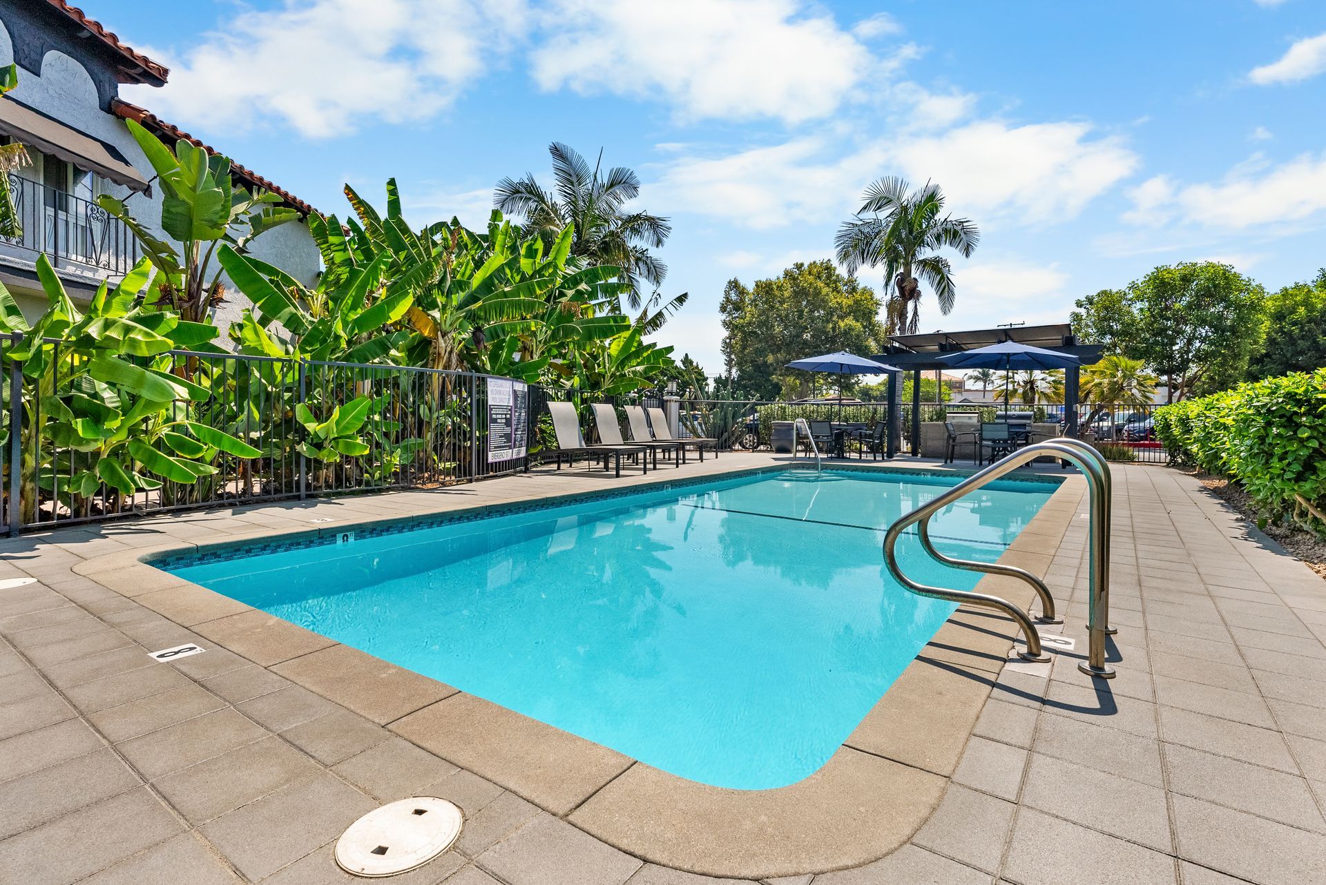 swimming pool and lounge chairs