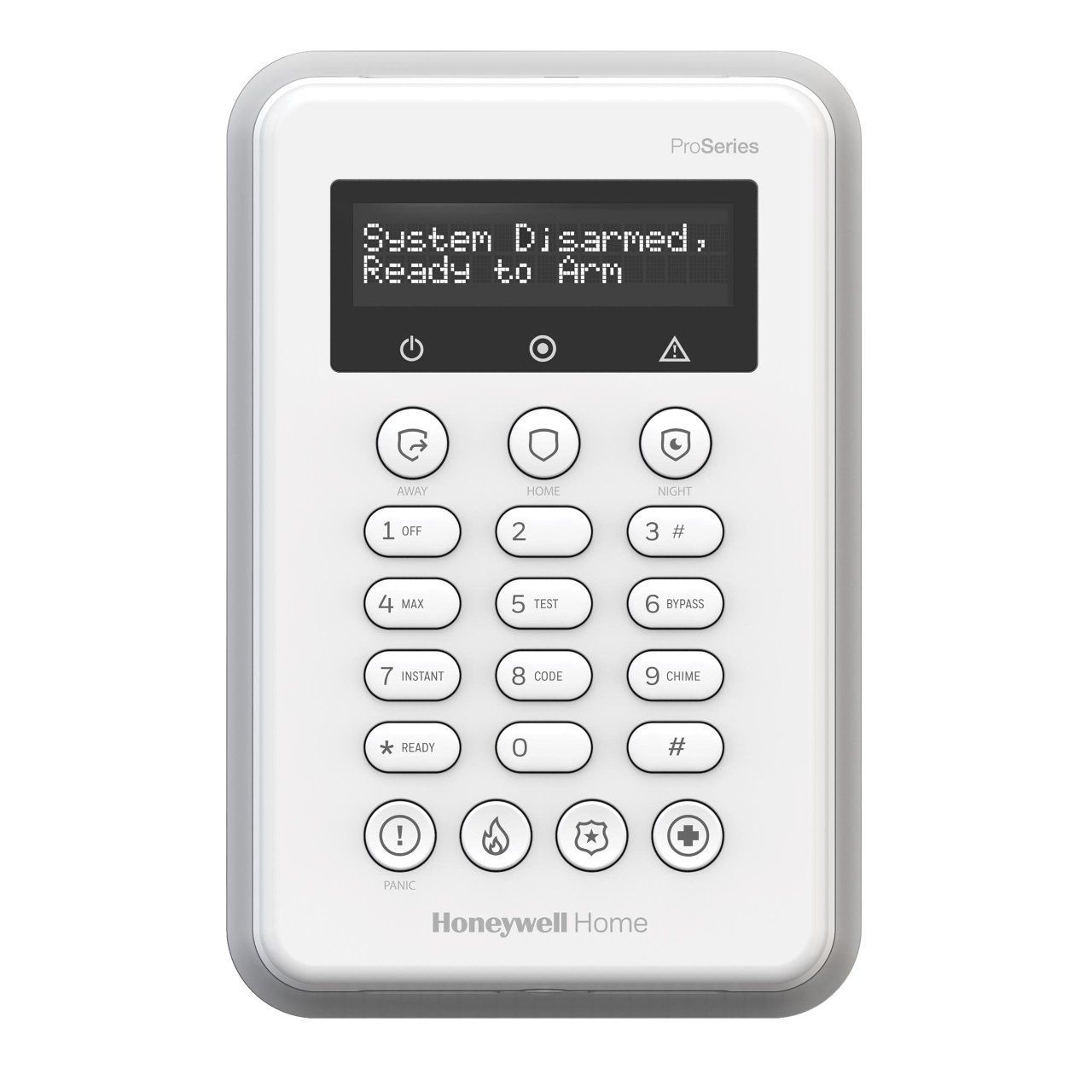 A white keypad with a screen that says `` system disarmed , ready to arm ''.