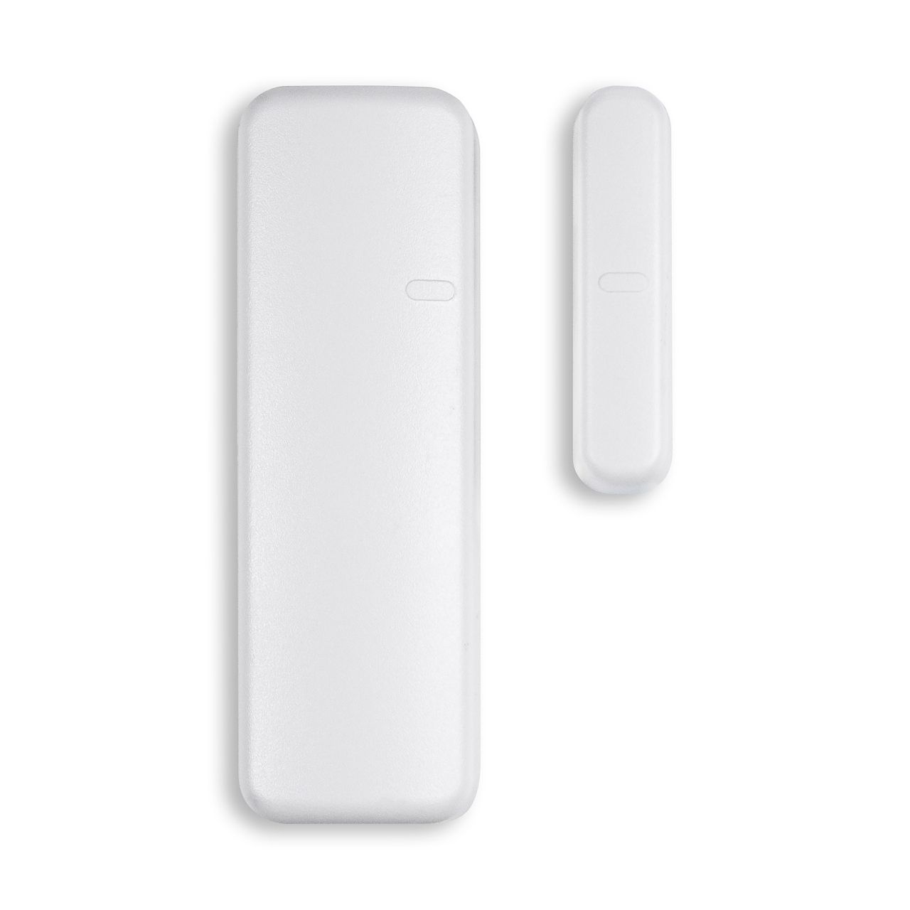 A pair of white door sensors on a white background.