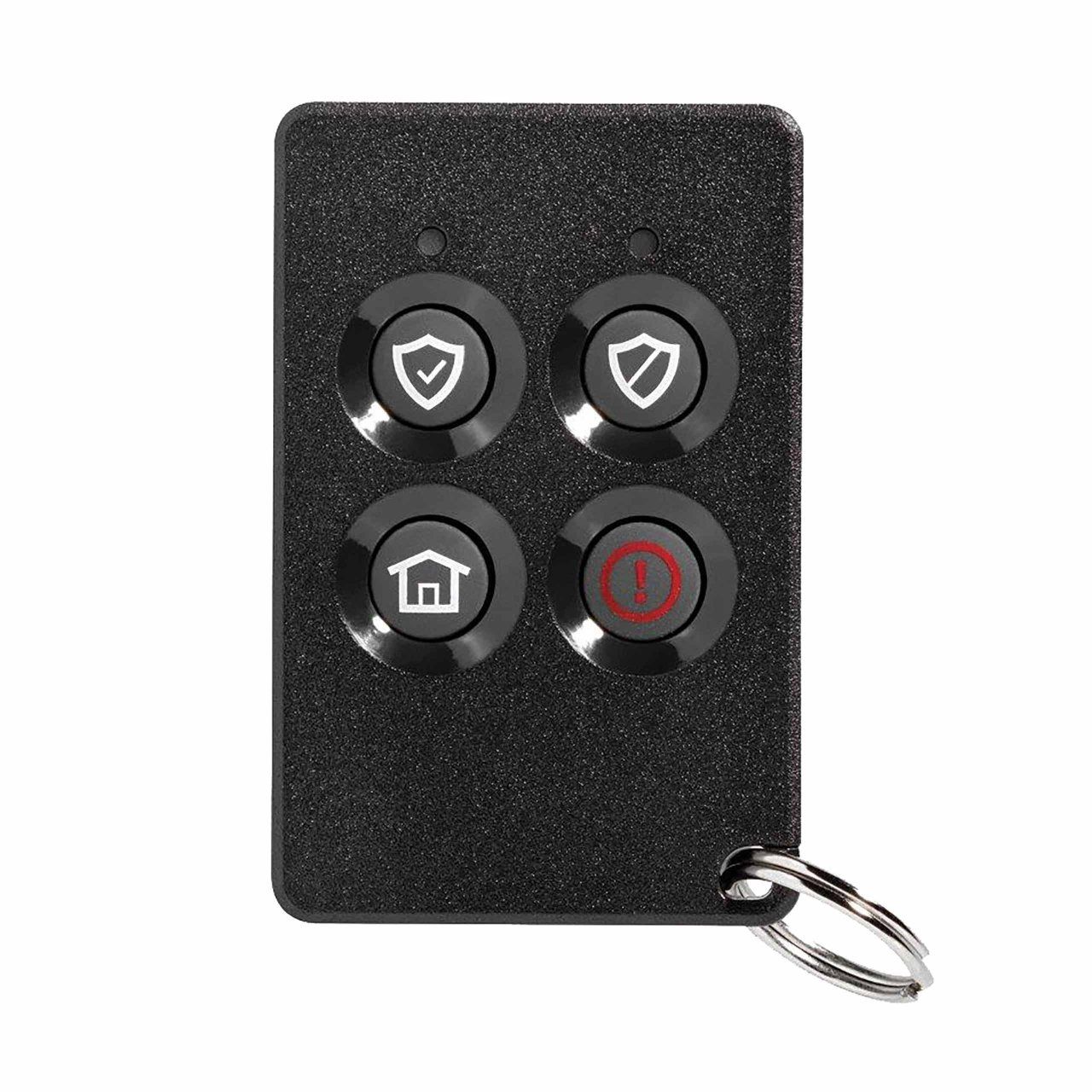 A black remote control with four buttons on it