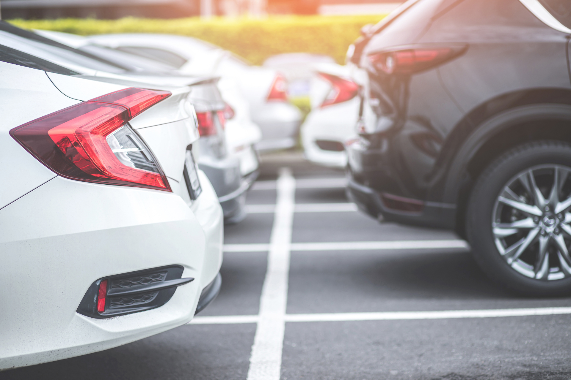 A row of cars are parked in a parking lot.