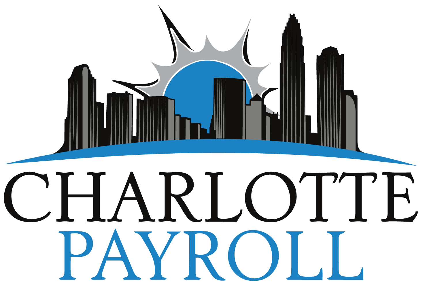 A logo for charlotte payroll with a city skyline and sun