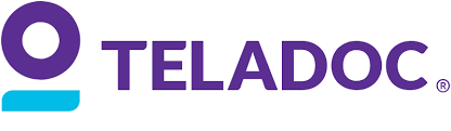 A purple and blue logo for teladoc on a white background.