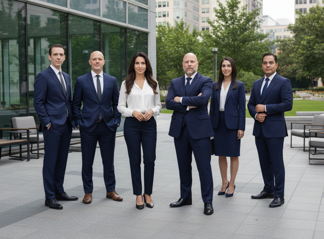 Woman in gray dress leans against brick wall; man in suit sits nearby.