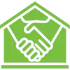 Green house icon with two hands shaking.