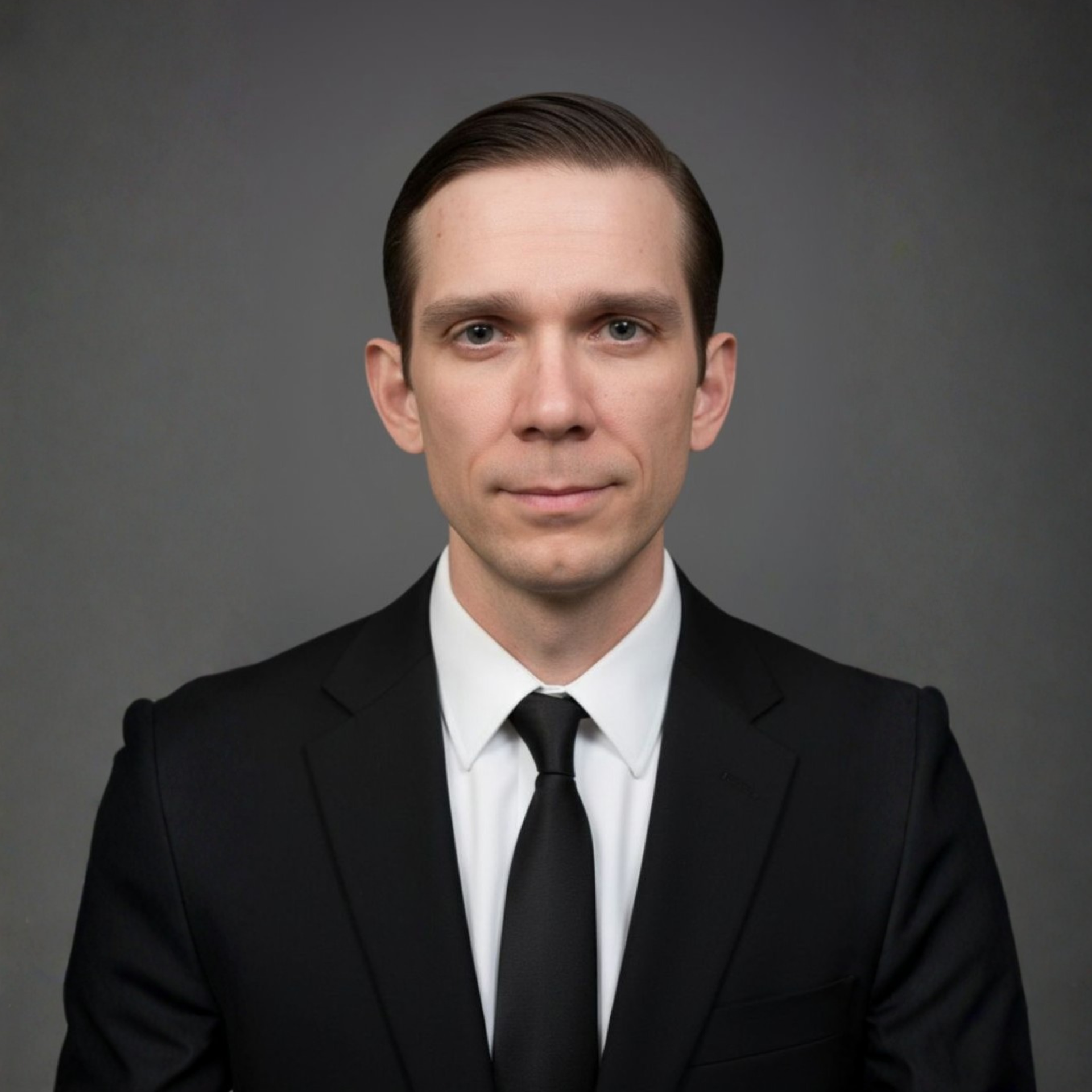 Man in gray suit with arms crossed, blue tie, standing in front of a blue wall.