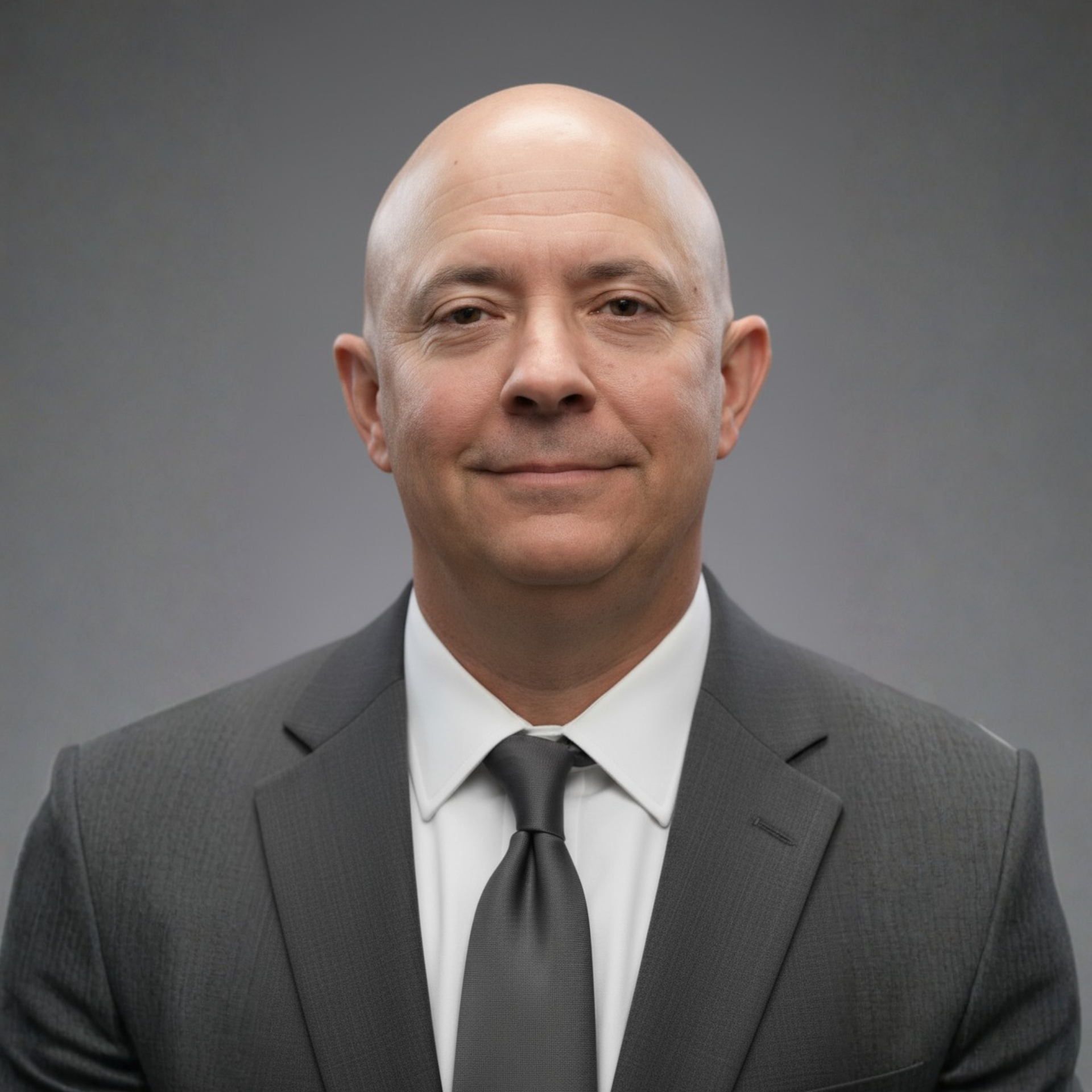 Man in a gray suit and yellow tie stands outside near a brick wall and foliage.