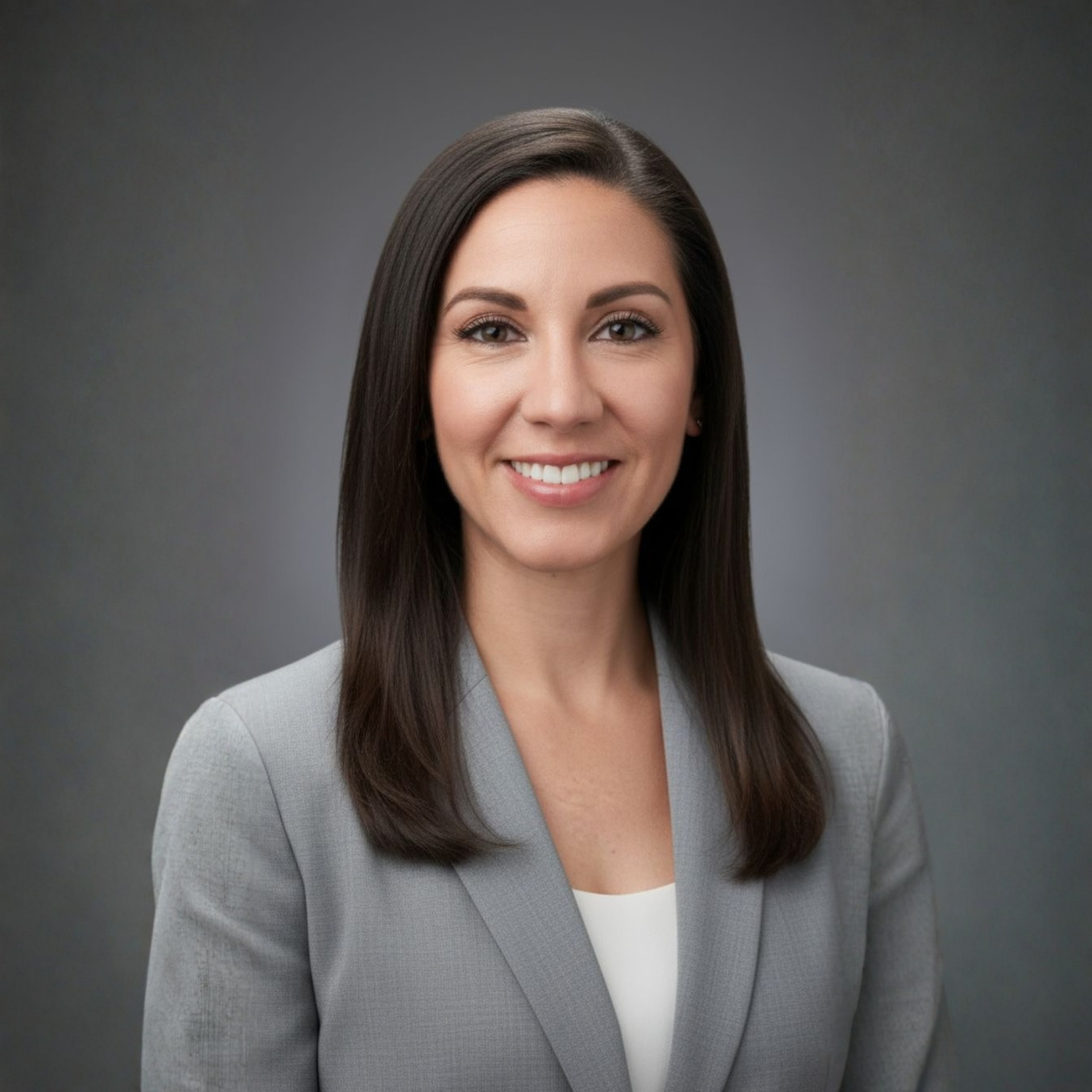 Woman in black blazer, smiling, in front of a gray backdrop.