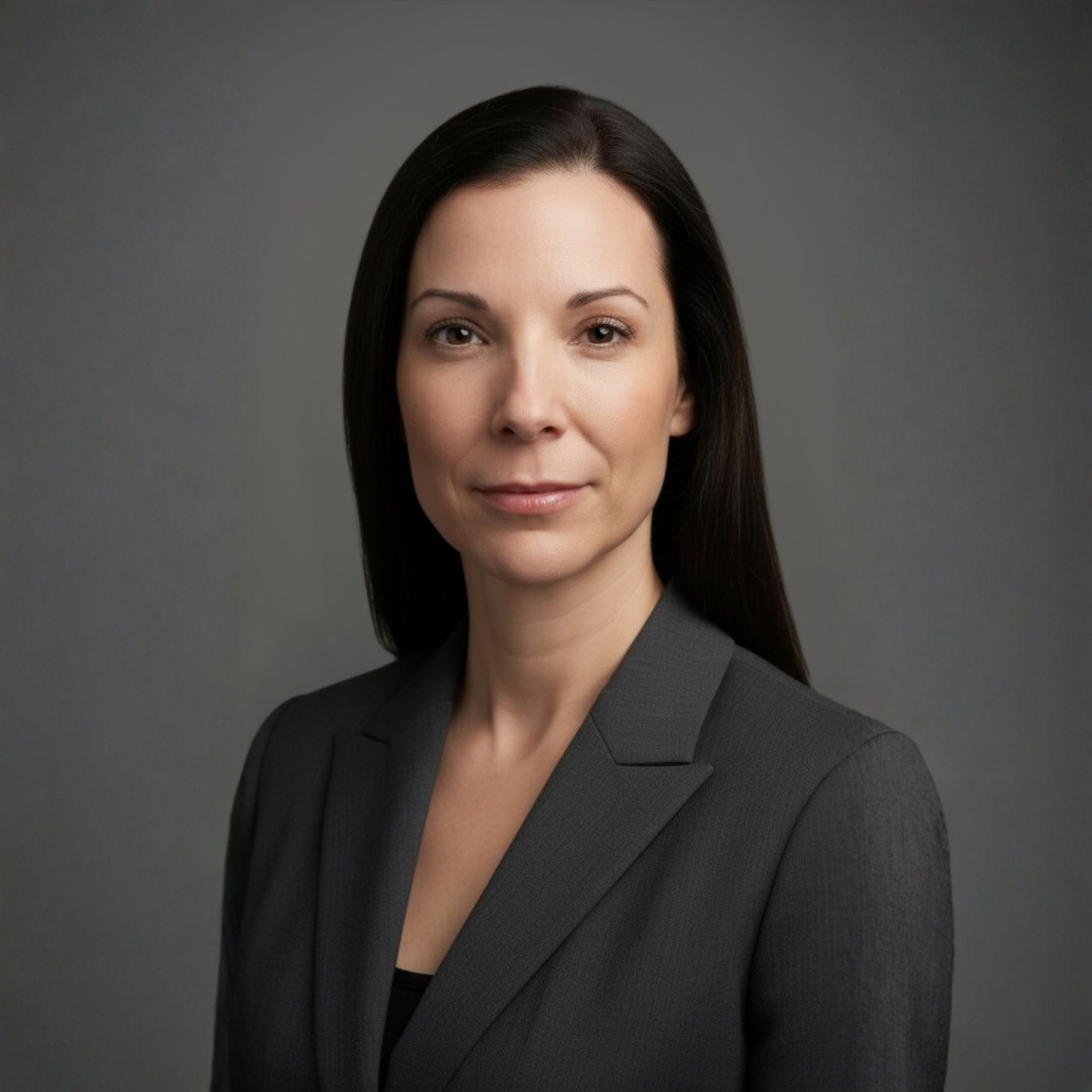 Woman in a navy dress smiles, standing outdoors near a walkway with greenery.