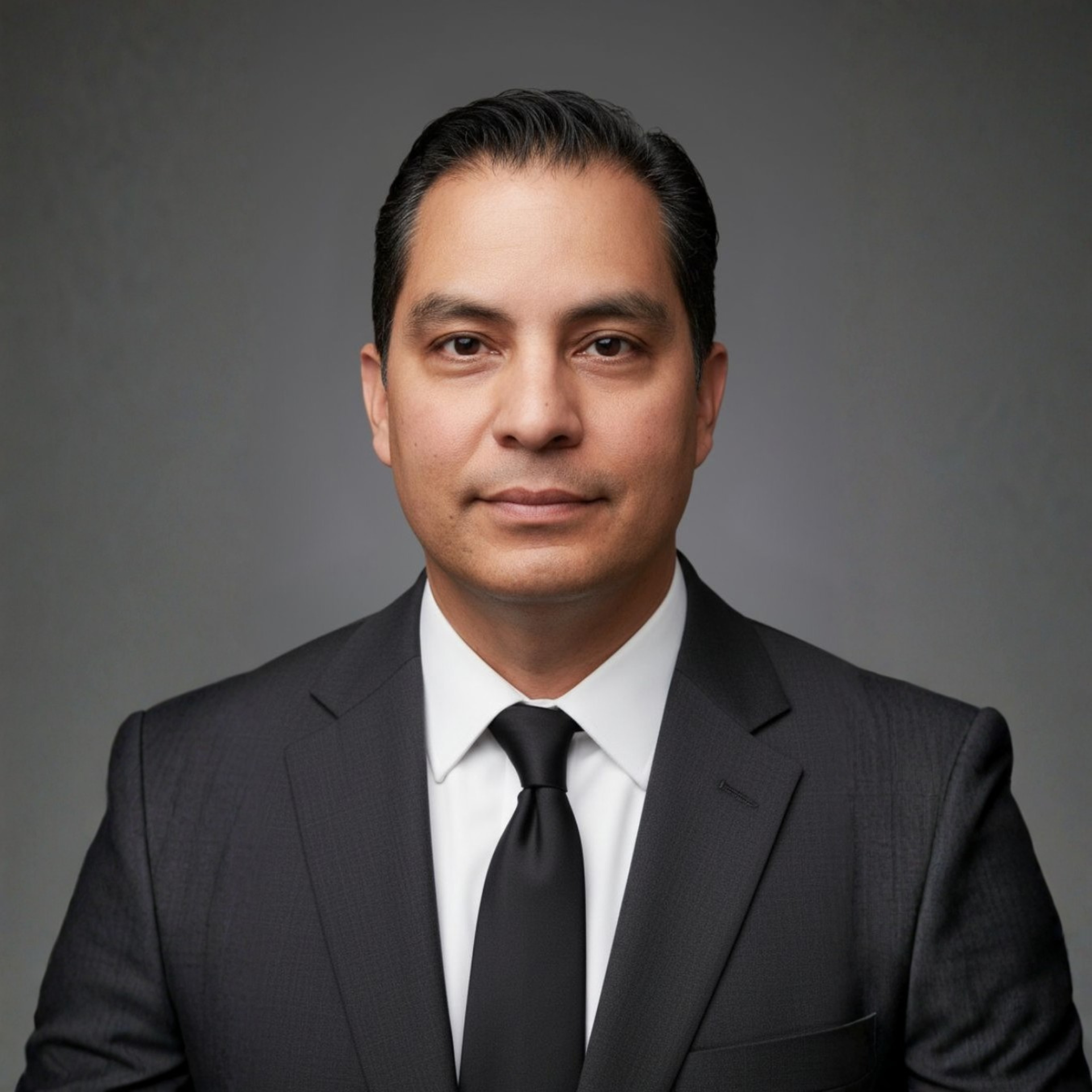 Man in suit and tie smiling, posing for a portrait against a gray backdrop.