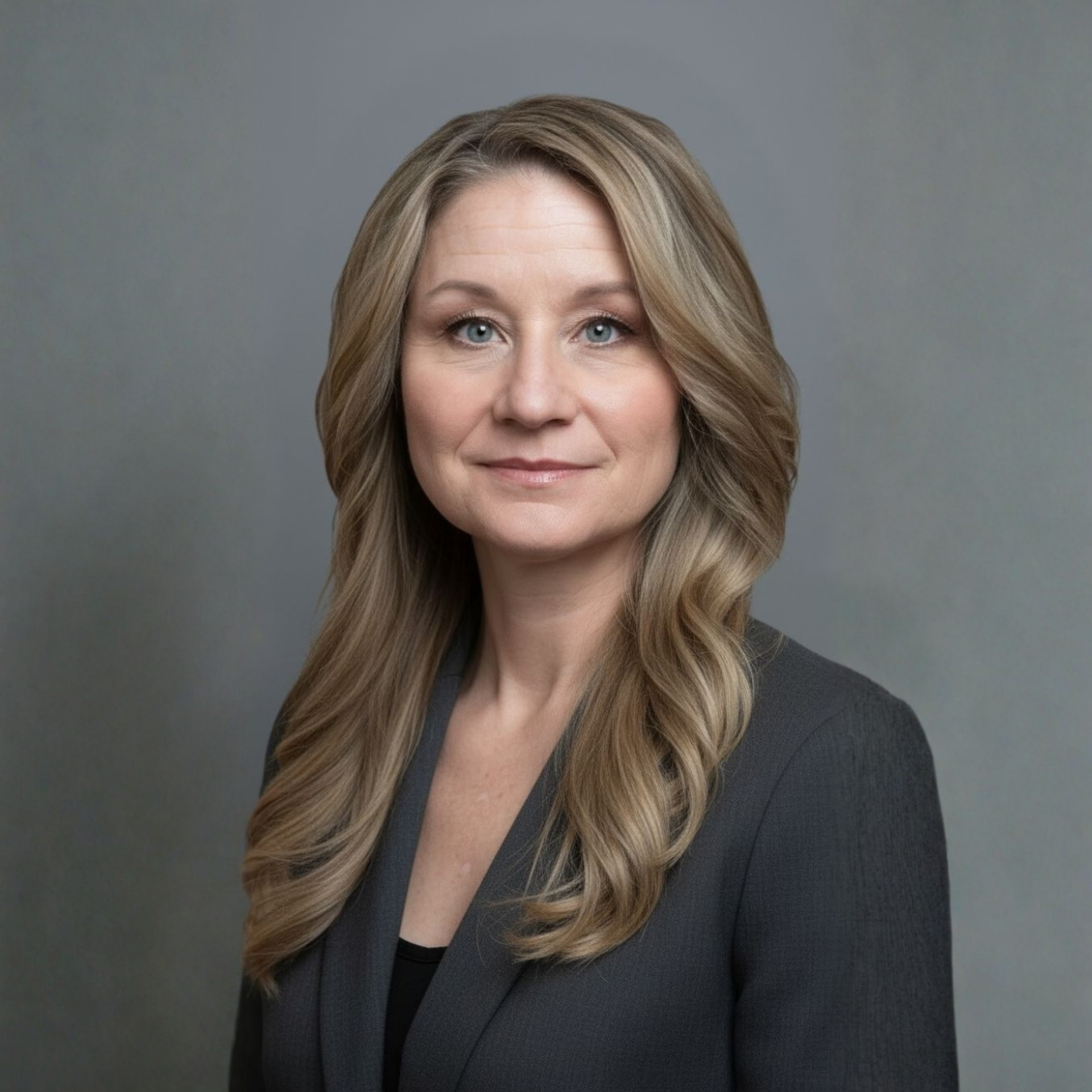 Woman with blonde hair wearing a navy blue dress smiles outdoors.