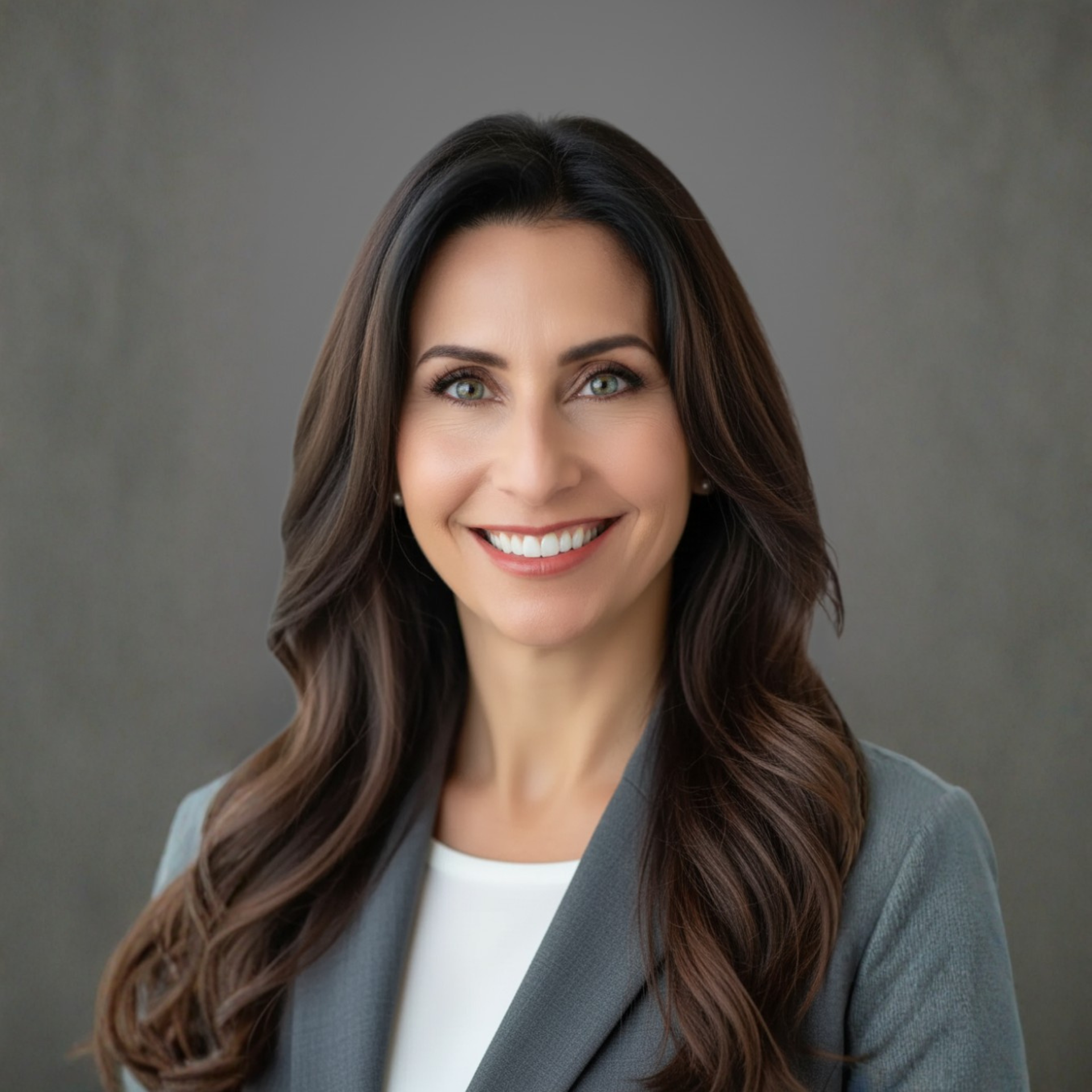 Woman with long dark hair, wearing a sparkly gray dress, smiling, leaning against a brick wall, arms crossed.