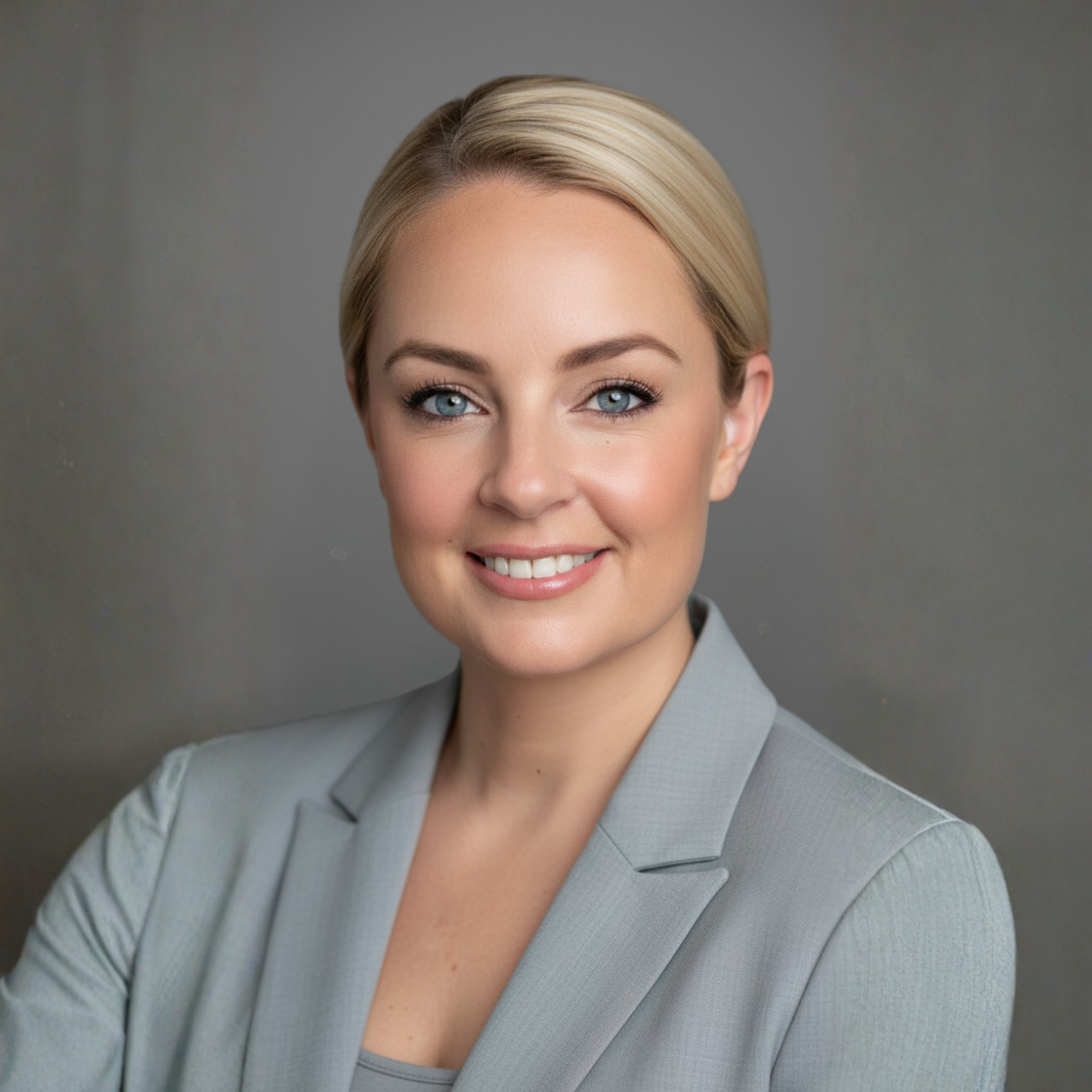 Woman with blonde hair, arms crossed, wearing a gray dress, smiling outdoors.