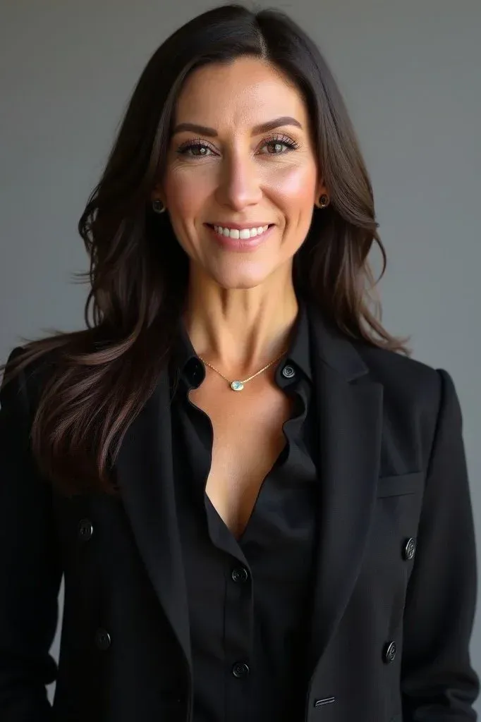 Woman in black blazer, smiling, in front of a gray backdrop.