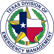 Texas Division of Emergency Management seal with Texas map and star within a circular design.