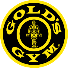 Gold's Gym logo: black circle with yellow text and inner circle. Muscular man holding weights in center.