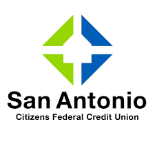 Logo for San Antonio Citizens Federal Credit Union: diamond shape in blue and green above text.