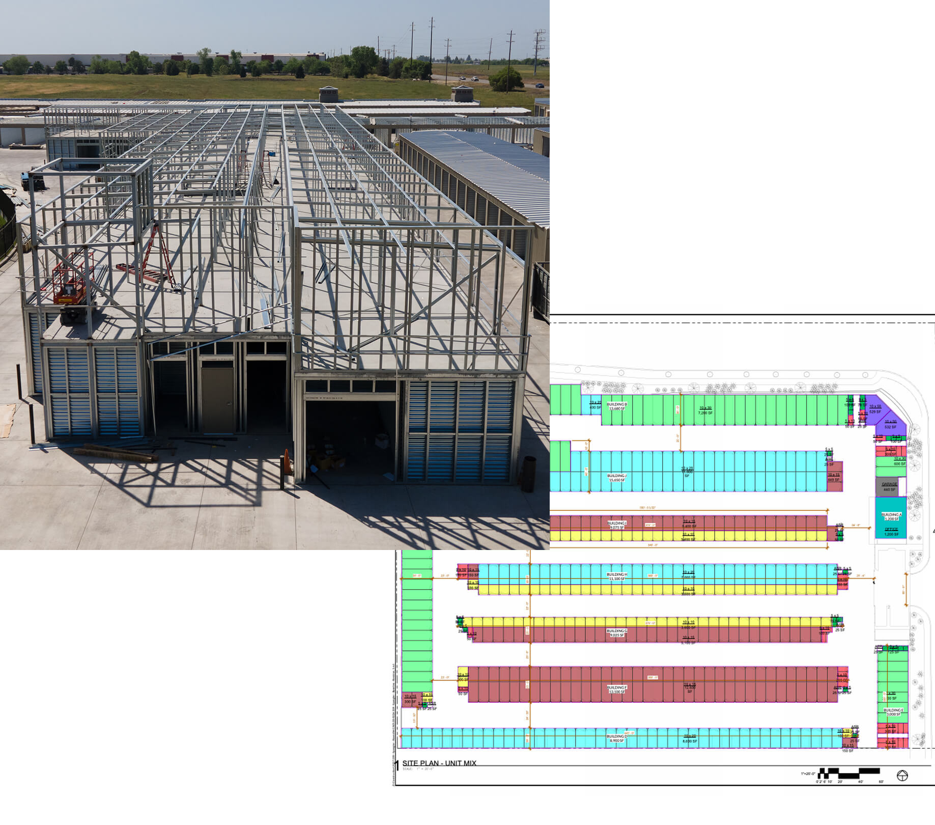 an aerial view of a building under construction next to a floor plan