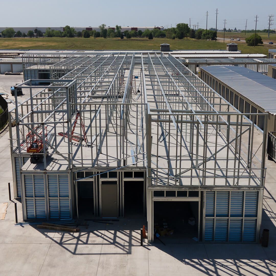 an aerial view of a large building under construction