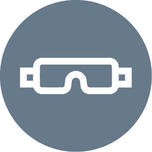 There is an icon of white safety goggles in a gray circle.