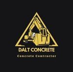 Yellow excavator in a triangle, "Dalt Concrete" logo on a black background.