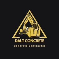 Yellow excavator in a triangle, "Dalt Concrete" logo on a black background.