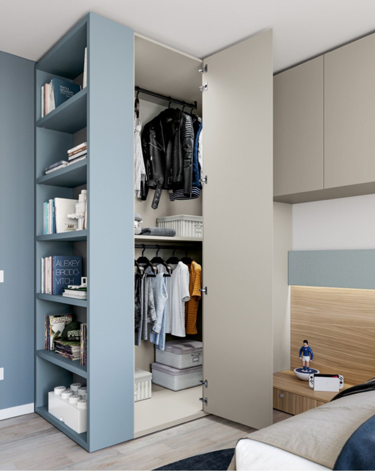 Armadio a muro con anta aperta che mostra vestiti appesi, libri sugli scaffali e comodino in una camera da letto.