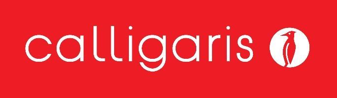 Logo Calligaris su sfondo rosso con un pinguino bianco in un cerchio bianco.