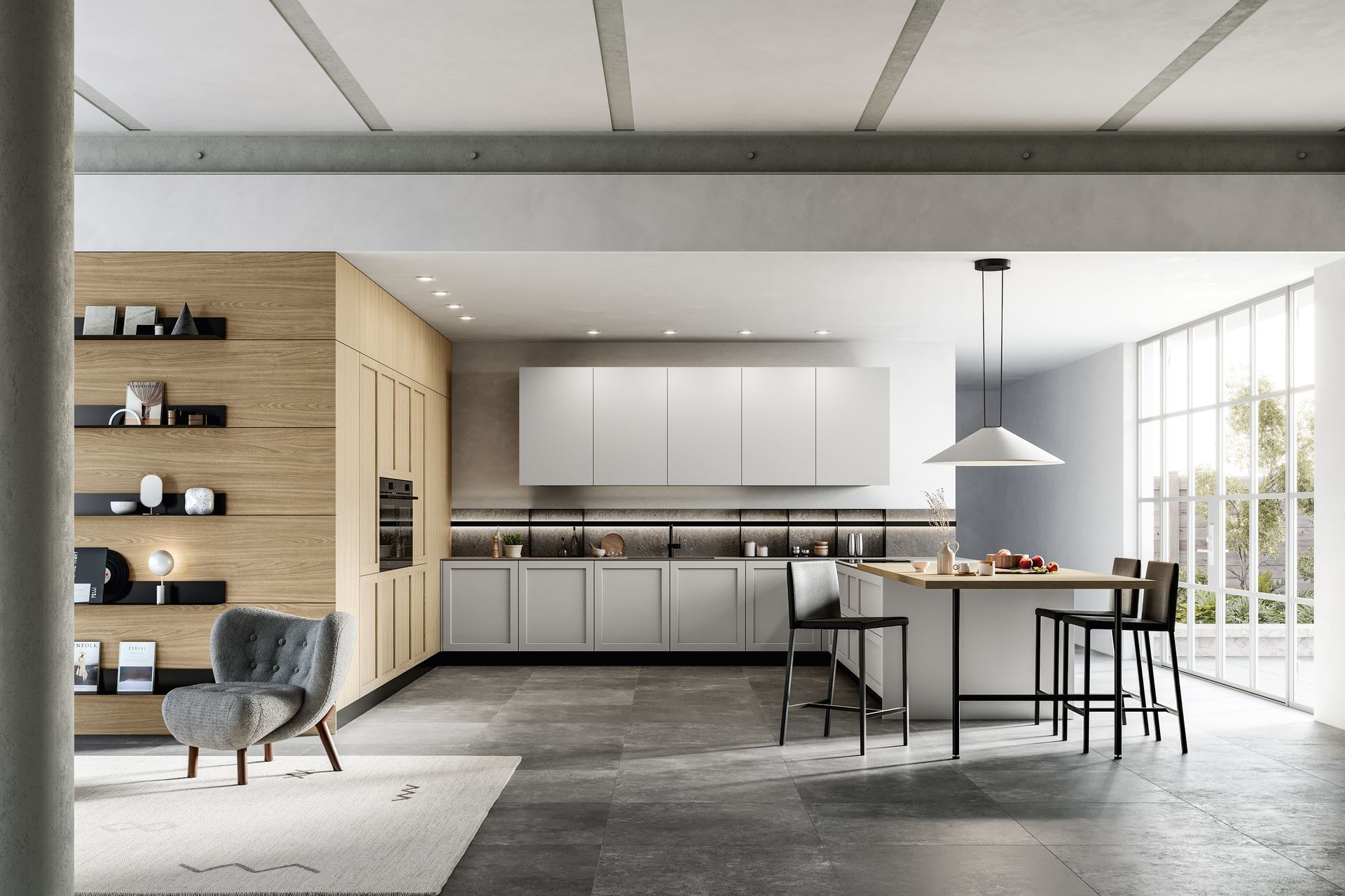 Cucina moderna con mobili in legno chiaro, grigi, pavimenti in cemento e isola con sgabelli da bar.