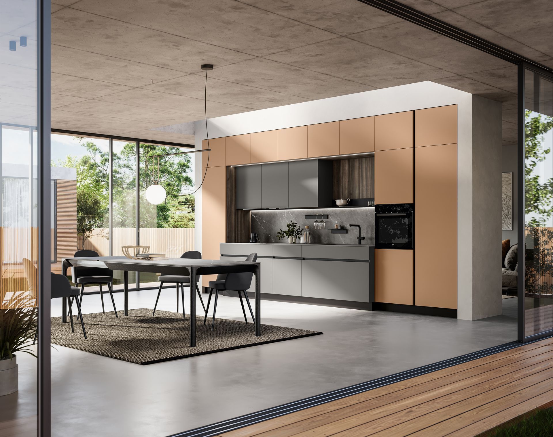 Cucina moderna con zona pranzo, caratterizzata da mobili color rame, isola grigia e ampie finestre con vista sull'esterno.