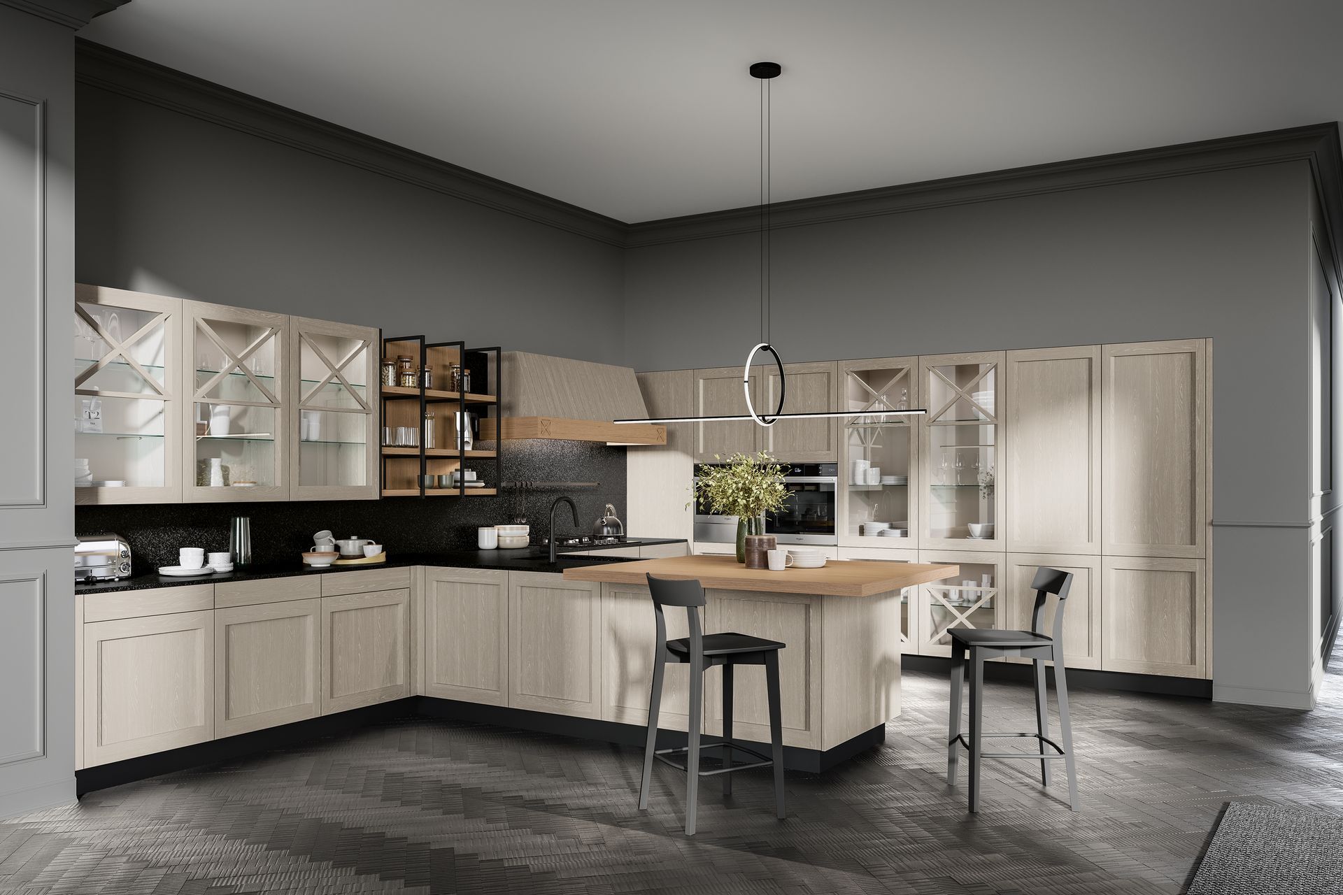 Cucina moderna con mobili in legno chiaro, ripiani neri e un'isola centrale con due sgabelli.