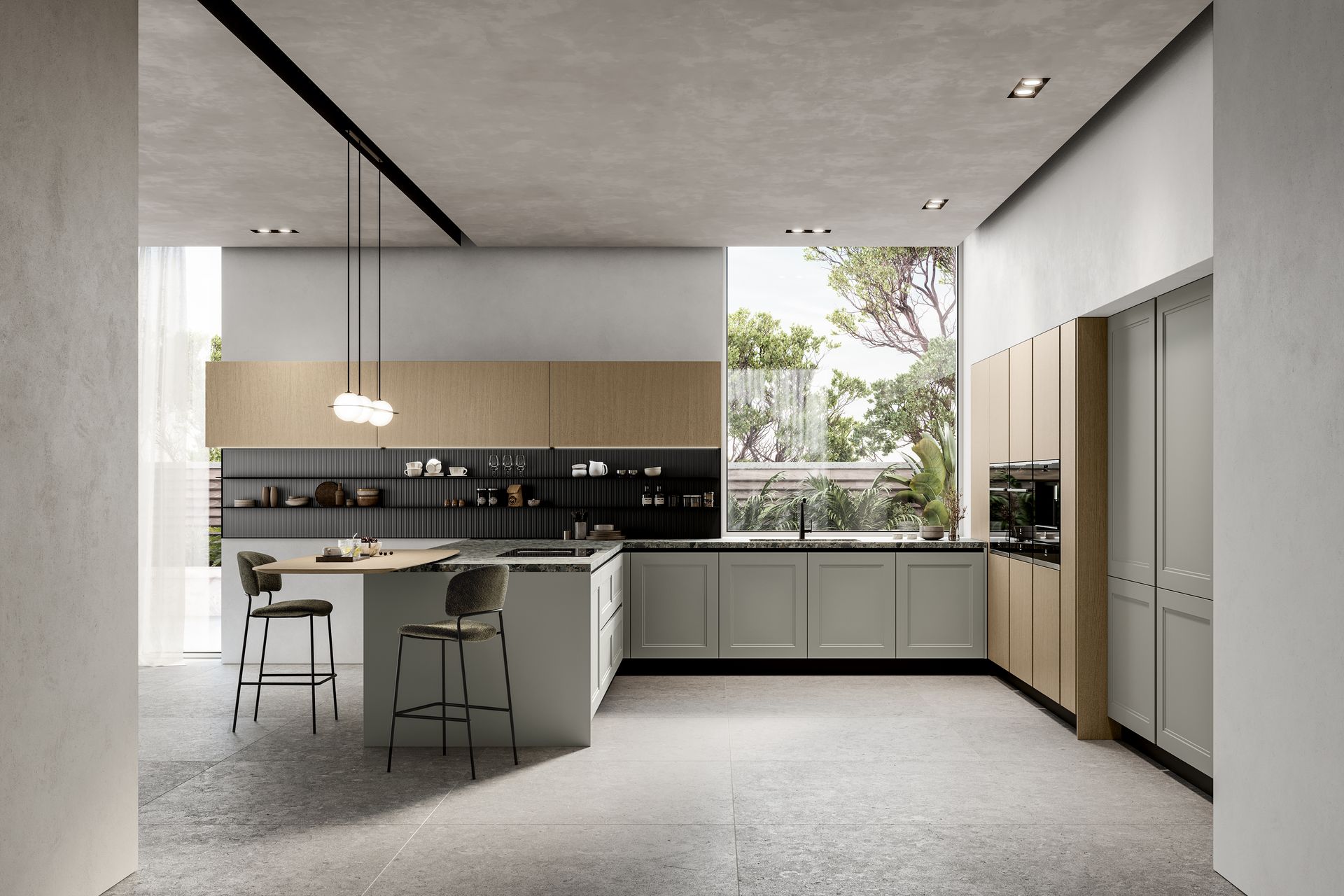 Cucina moderna con mobili verde chiaro, isola e ampia finestra con vista sugli alberi.