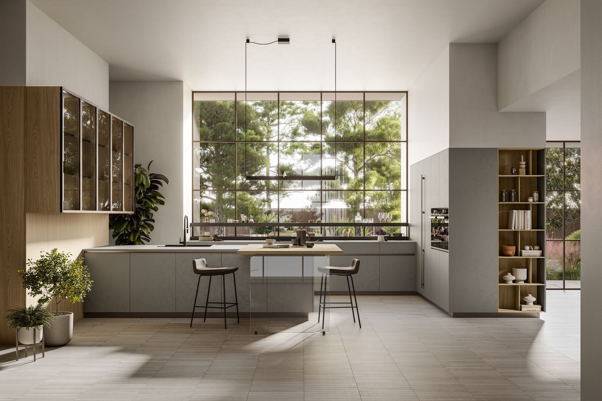 Cucina moderna con ampia finestra che si affaccia sul verde, dotata di mobili dai colori chiari, isola e sgabelli da bar.