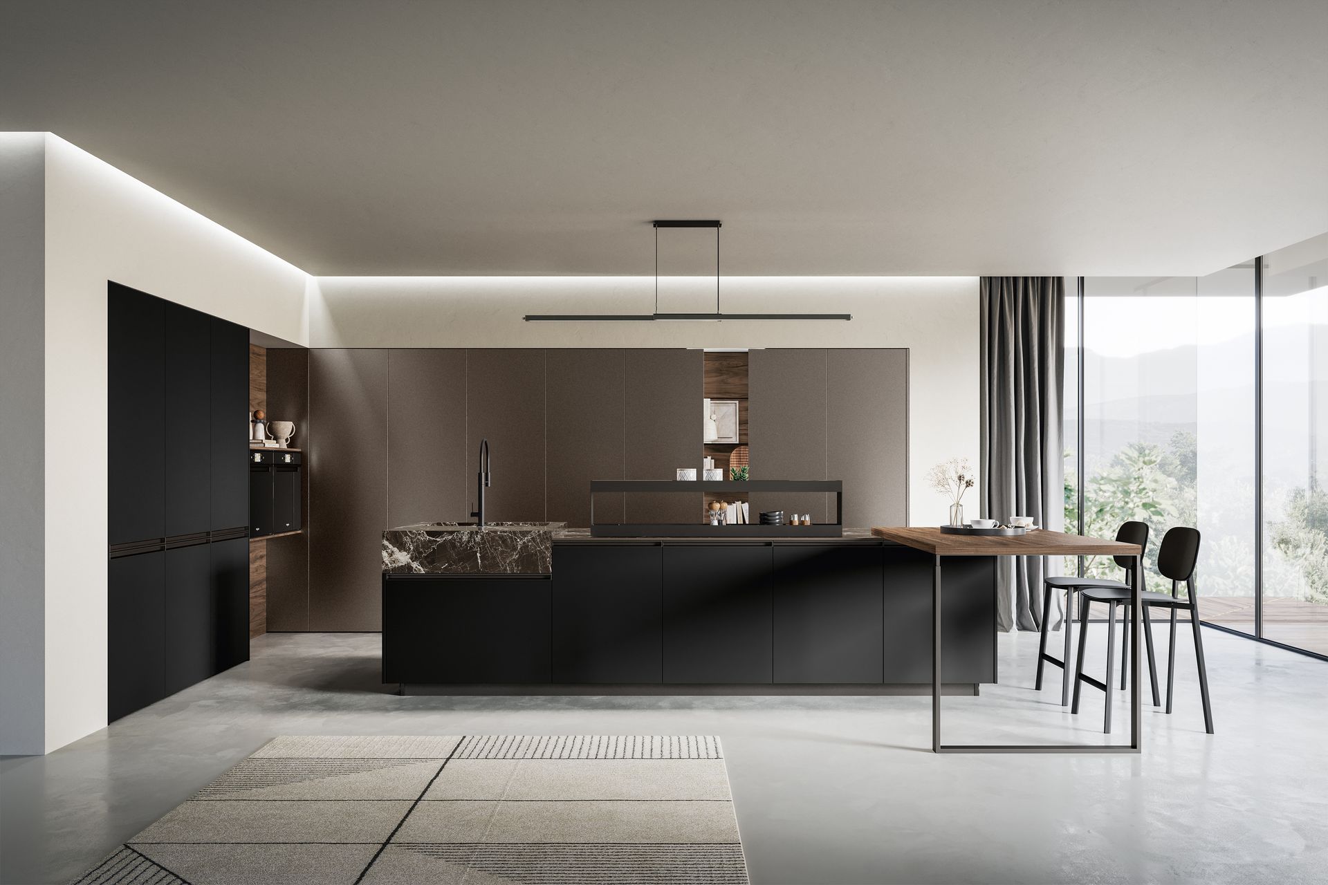 Cucina moderna con isola nera, mobili marroni e design minimalista.