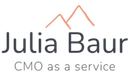 Julia Baur Logo: Name über „CMO as a service“. Berge in Pfirsichfarbe über dem Namen.