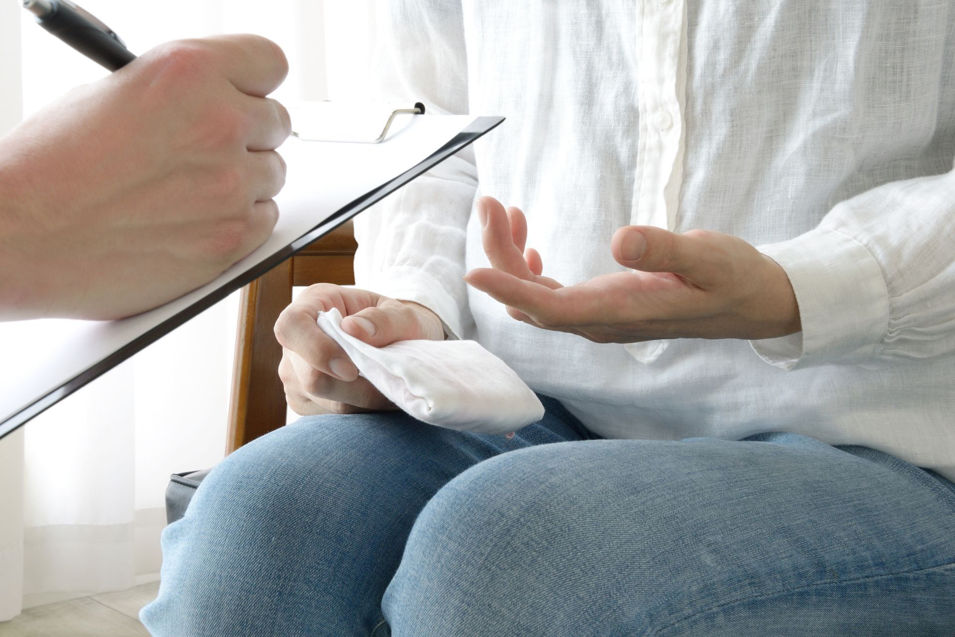 Councelling scene, woman explaining to counselor. Councelling scene, woman explaining to counselor.