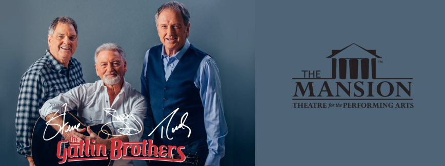The Gatlin Brothers at The Mansion Theatre. Three men posing. Dark blue background.