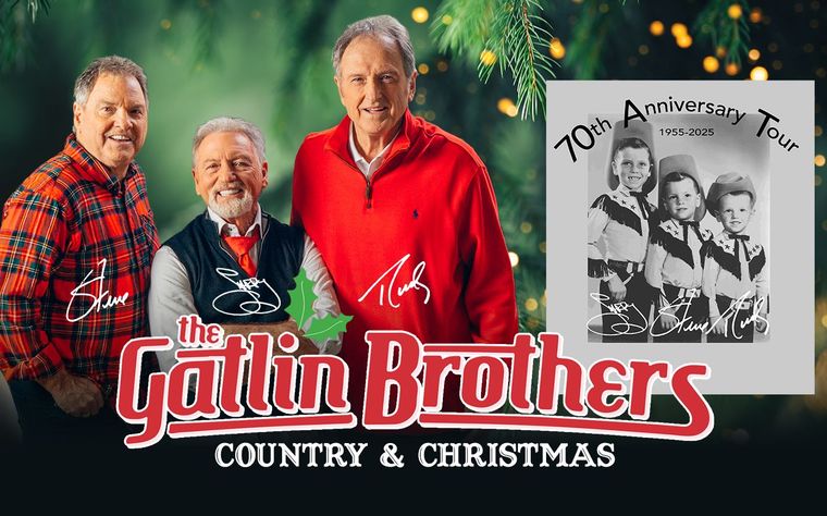 The Gatlin Brothers: three men smiling, red and green holiday theme, 