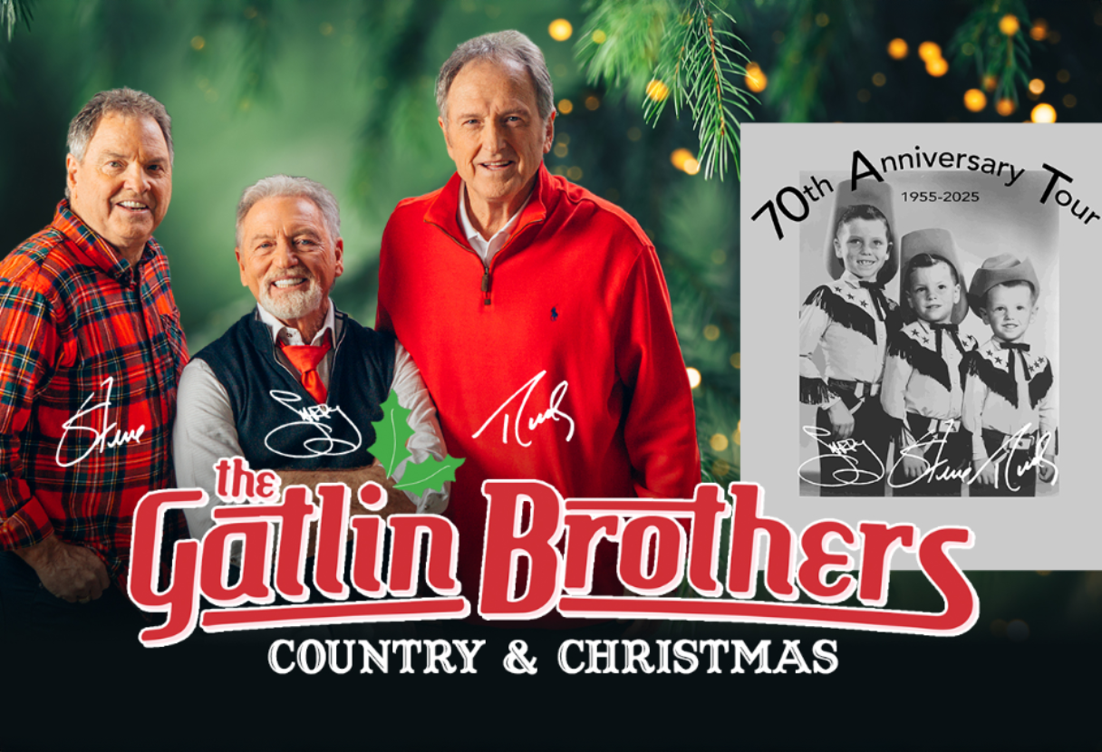 The Gatlin Brothers: three men smiling, red and green holiday theme, 
