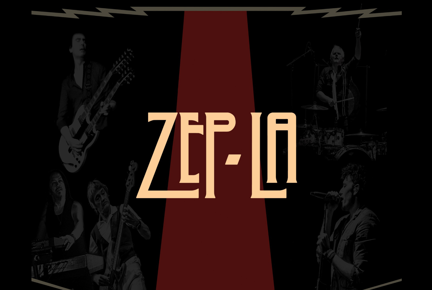 ZEP-LA band logo with band members in a spotlight, against a black background.