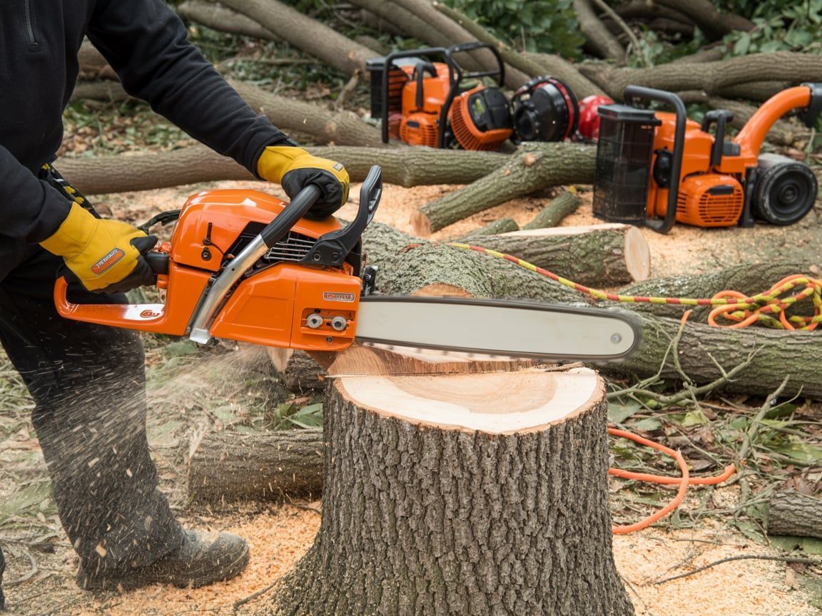 Person wearing boots and gloves uses an orange chainsaw to cut a tree stump outdoors.