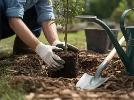 Person planting a tree in a garden, using gardening gloves and a shovel.