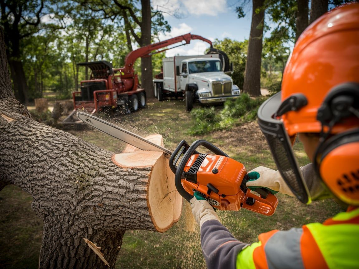 Person in safety gear using a chainsaw to cut a tree branch, with truck and chipper in the background.