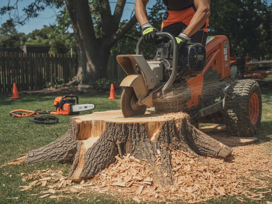 A worker grinds down a tree stump with a machine, creating wood chips in a grassy yard.