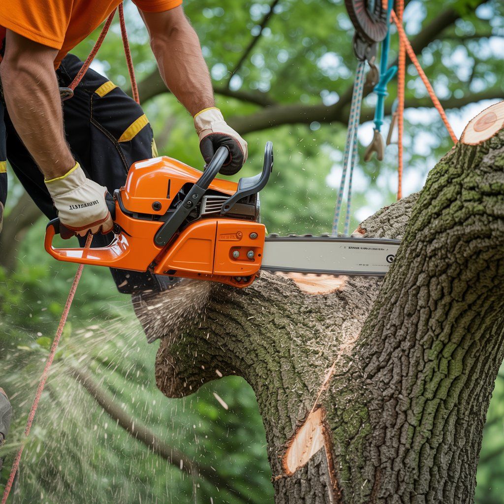 Arborist using a chainsaw to cut a tree branch. Orange chainsaw, green tree, safety gear visible.