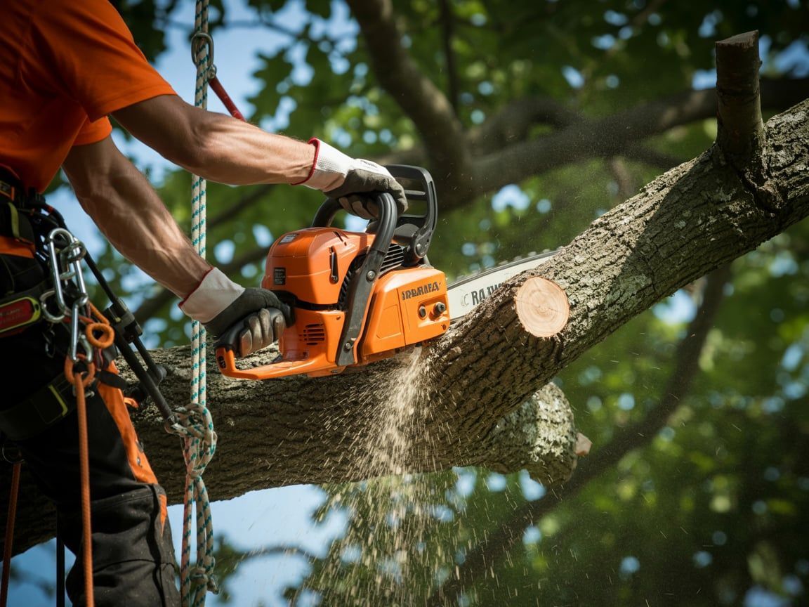 Arborist using an orange chainsaw to cut a tree branch. He's wearing a safety harness and gloves in a daytime setting.
